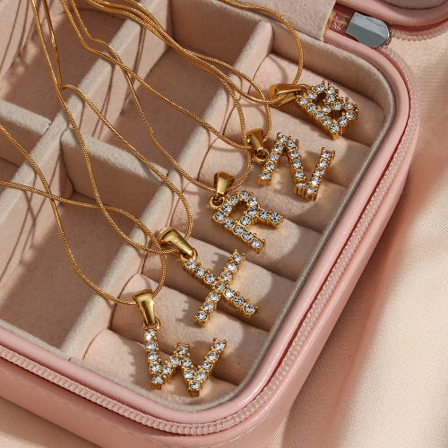 NTSMJ357 18K Gold Plated Stainless Steel Zircon Letter Pendant Necklace for Women Fine Snake Chain Jewelry