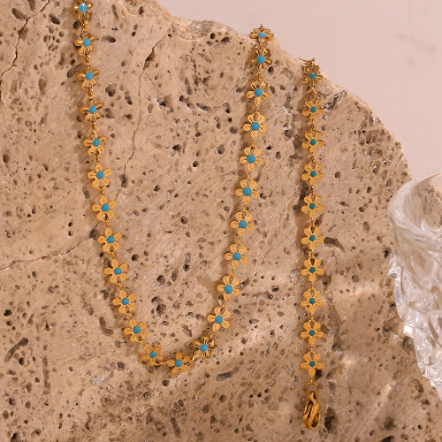 NTSMJ32 18K Gold Plated Stainless Steel Blue Enamel Flower Bracelet and Necklace Set for Women