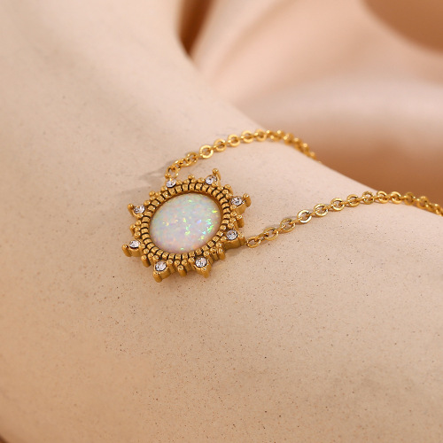 NTSMJ321 Gold-Plated Stainless Steel Sun Opal Pendant Necklace Earrings and Bracelet Set for Women