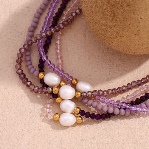 NTSMJ384 Handmade Freshwater Pearl and Purple Crystal Bead Necklace for Women Stainless Steel Pendant Jewelry
