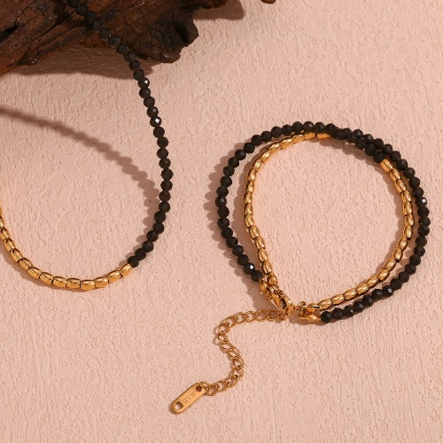 NTSMJ388 18K Gold Plated Natural Obsidian Beaded Bracelet and Necklace Set for Women Elegant Jewelry