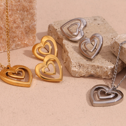 NTSMJ145 18K Gold Plated Stainless Steel Double Layer Heart Pendant Necklace and Hollow Heart Stud Earrings for Women
