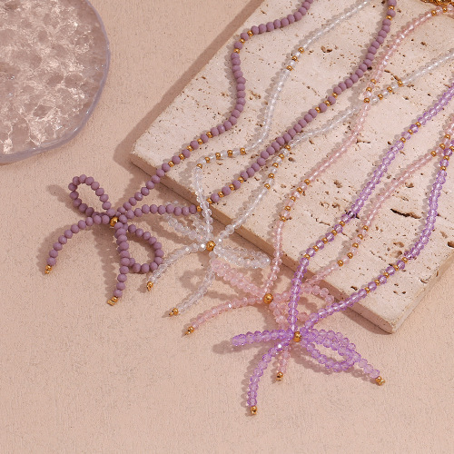 NTSMJ473 Handmade Light Purple Faceted Crystal Bow Necklace with Stainless Steel Beads Elegant Jewelry for Women