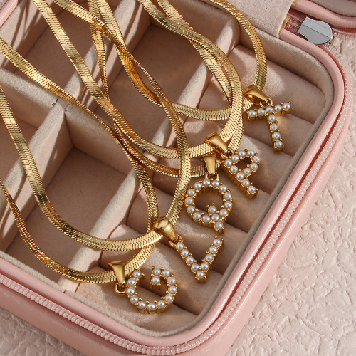 NTSMJ354 18K Gold Plated Stainless Steel Pearl Letter Pendant Necklace for Women Trendy Flat Snake Chain Jewelry