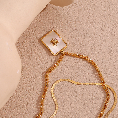 NTSMJ505 18K Gold Plated Stainless Steel Double Layer Blade Chain with Twisted Link and Square Shell Sun Pendant Necklace for Women