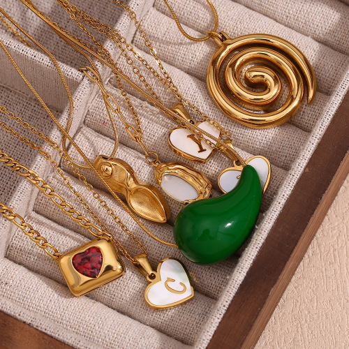 NTSMJ134 18K Gold Plated Stainless Steel Necklace with Heart Shell Swirl Enamel Pendant for Women