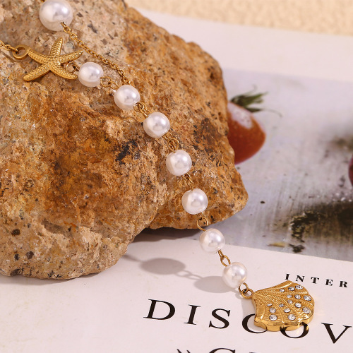 NTSMJ399 18K Gold Plated Stainless Steel Asymmetrical Necklace for Women with Micro Pave Diamond Shell Pendant