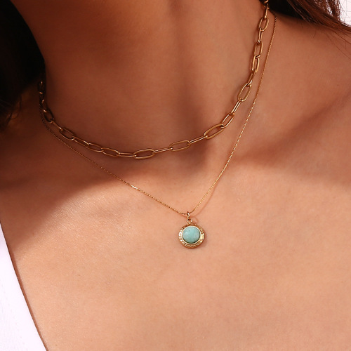 NTSMJ196 18K Gold Plated Stainless Steel Hammered Texture Amazonite Round Pendant Necklace for Women Trendy Jewelry