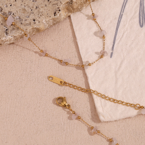 NTSMJ295 18K Gold-Plated Stainless Steel Necklace and Bracelet Set with Pink Crystal Chips for Women