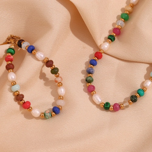 NTSMJ512 Colorful Natural Stone Beaded Bracelet and Necklace Set for Women Stainless Steel Jewelry