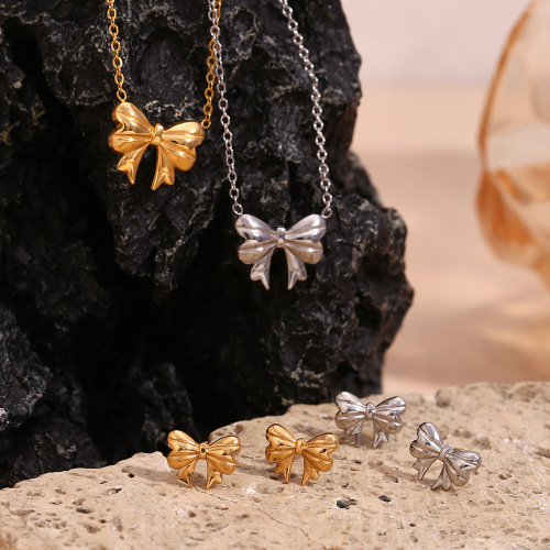 NTSMJ143 18K Gold Plated Stainless Steel Ribbon Bow Stud Earrings and Pendant Necklace for Women