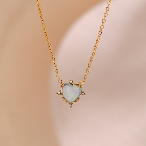 NTSMJ320 Gold-Plated Stainless Steel Heart Opal Pendant Necklace Earrings and Bracelet Set for Women