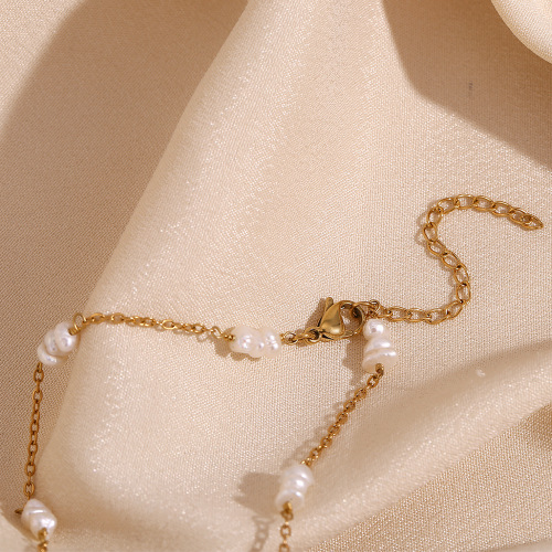 NTSMJ147 18K Gold Plated Stainless Steel Beaded Freshwater Pearl Necklace and Handmade Bracelet for Women