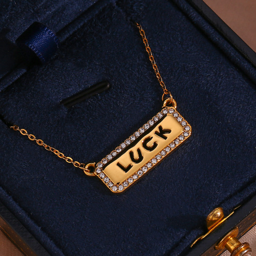 NTSMJ274 18K Gold-Plated Stainless Steel 'LUCK' Rectangular Pendant Necklace for Women Micro Pave Design