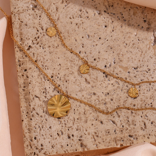 NTSMJ459 Stainless Steel Double Layer Round Floral Pendant Sweater Necklace for Women Stylish Textured Jewelry