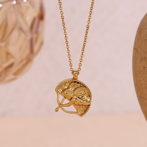 NTSMJ200 18K Gold Plated Stainless Steel Cupid Coin Pendant Necklace for Women Half Round Trendy Jewelry