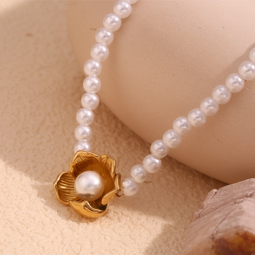 NTSMJ409 18K Gold Plated Stainless Steel Necklace for Women with Faux Pearl Flower Pendant