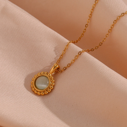 NTSMJ569 Stainless Steel Sweater Necklace with Small Sun Pendant and Synthetic Stone for Women Fashion Jewelry