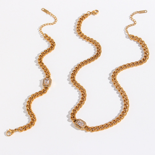 NTSMJ51 Stainless Steel Cuban Chain Necklace and Zirconia Bracelet Set Women's Fashion Jewelry