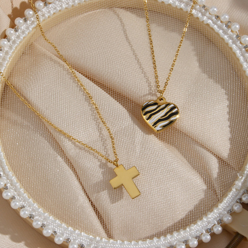 NTSMJ610 18K Gold Plated Stainless Steel Heart Pendant Necklace with Zebra Print for Women Trendy Jewelry