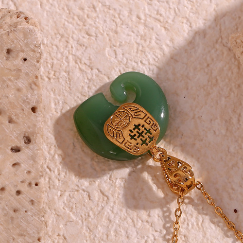 NTSMJ389 18K Gold Plated Stainless Steel Green Hetian Jade Elephant Pendant Necklace