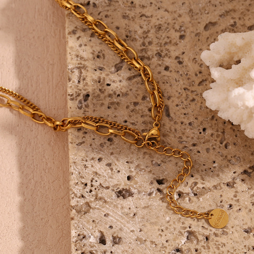 NTSMJ504 18K Gold Plated Stainless Steel Double Layer Necklace with Blue Turquoise and Round Eye Pendant for Women Trendy Jewelry