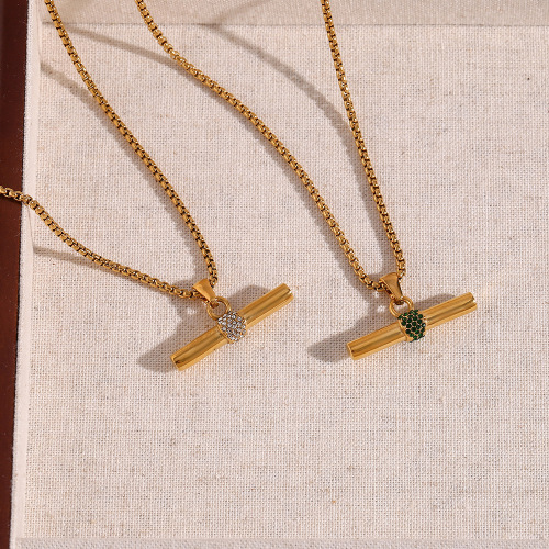 NTSMJ31 18K Gold Plated Stainless Steel Micro-Pave T-Bar Pendant Necklace for Women