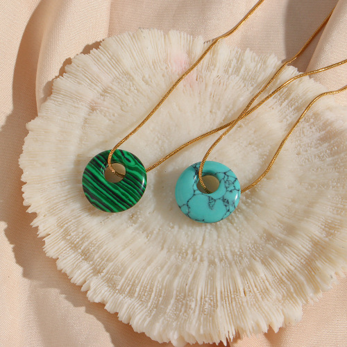 NTSMJ381 Natural Malachite and Agate Round Pendant Necklace Genuine Stone Jewelry for Women