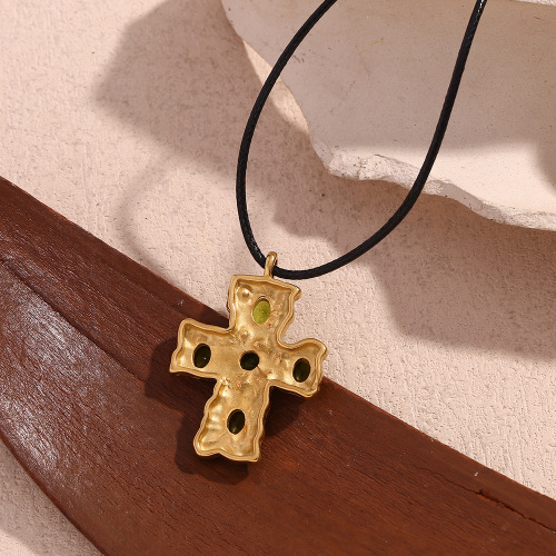 NTSMJ110 18K Gold Plated Stainless Steel Hammered Cross Pendant Necklace with Green Gem for Women