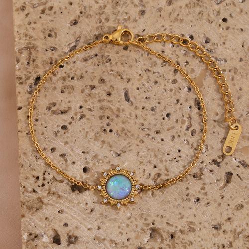 NTSMJ531 Gold Plated Stainless Steel Jewelry Set for Women Sun Opal Necklace Bracelet and Earrings