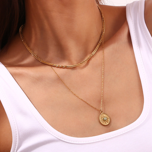 NTSMJ412 18K Gold Plated Stainless Steel Necklace with Oval Sun Natural Stone Pendant for Women