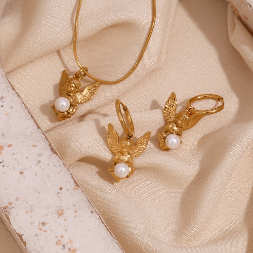 NTSMJ98 18K Gold Plated Mini Pearl Angel Pendant Necklace and Hoop Earrings Set for Women
