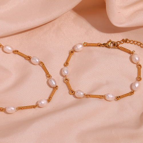 NTSMJ54 18K Gold Plated Stainless Steel Freshwater Pearl Bracelet and Handmade Chain Necklace Set for Women