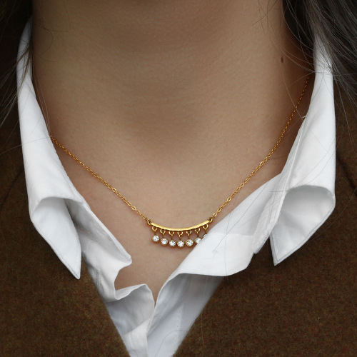 NTSMJ613 18K Gold Plated Stainless Steel Choker Necklace with Tassel and Zircon Pendant for Women Elegant Jewelry