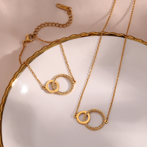 NTSMJ342 Stainless Steel Zircon Circle Pendant Necklace and Bracelet Set Trendy Jewelry for Women