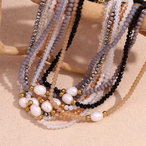 NTSMJ480 Handmade Light Crystal Beaded Necklace with Freshwater Pearl and Stainless Steel Beads Elegant Jewelry for Women