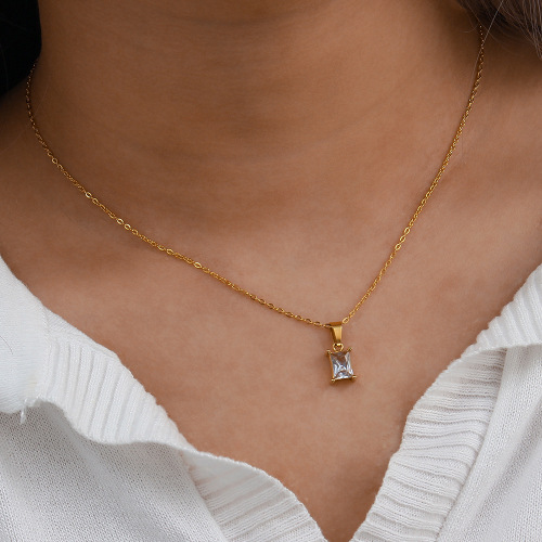 NTSMJ242 Stainless Steel Square Zircon Pendant Necklace for Women Elegant Choker Jewelry