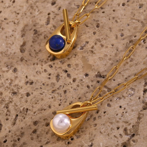 NTSMJ258 Stainless Steel Teardrop Pendant Necklace with Stone Inlay and Paperclip OT Clasp Fashion Jewelry