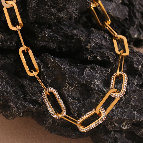 NTSMJ177 18K Gold Plated Stainless Steel Paperclip Necklace with Rhinestone Pendant for Women Elegant Jewelry