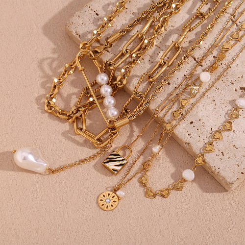 NTSMJ297 18K Gold-Plated Stainless Steel Double Layer Geometric Chain Necklace with OT Clasp for Women