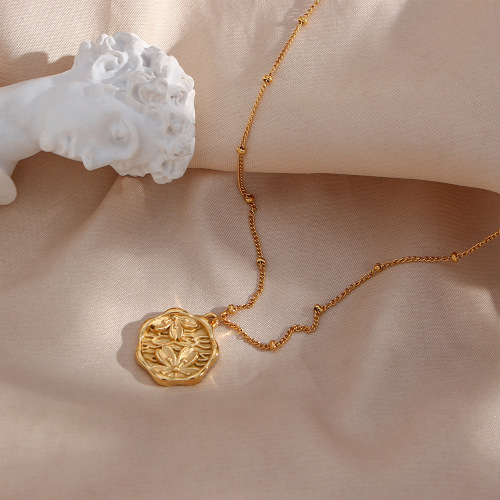 NTSMJ600 Stainless Steel Sakura Pendant Necklace with Beaded Chain for Women Cherry Blossom Jewelry