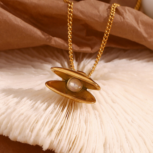 NTSMJ100 18K Gold Plated Stainless Steel Pearl Oyster Pendant Necklace for Women Elegant Jewelry