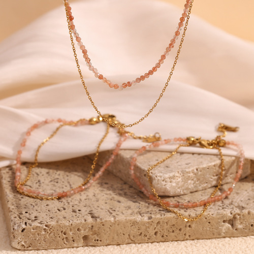 NTSMJ406 18K Gold Plated Stainless Steel Beaded Bracelet and Necklace Set with Natural Sunstone O-Chain Double Layer Anklet