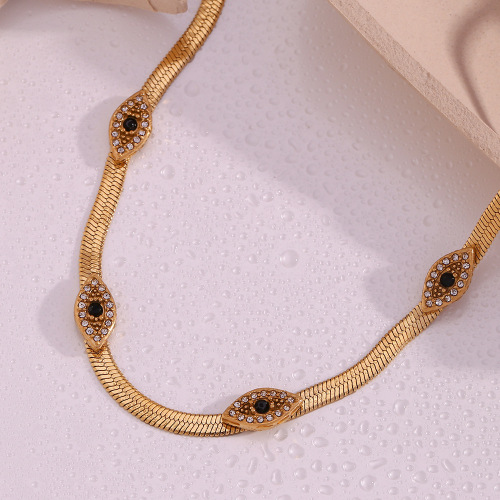 NTSMJ664 18K Gold Plated Stainless Steel Evil Eye Pendant Necklace with Black Gem and Diamond Blade Chain for Women Trendy Jewelry