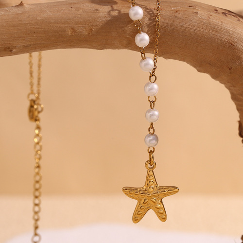 NTSMJ400 18K Gold Plated Stainless Steel Asymmetrical Necklace for Women with Spotted Starfish and Pearl Pendant