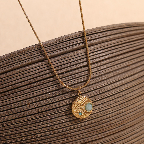 NTSMJ270 18K Gold-Plated Stainless Steel Zodiac Birthstone Starry Compass Diamond Pendant Necklace for Women