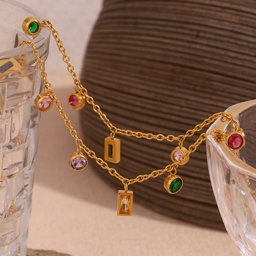 NTSMJ117 18K Gold Plated Stainless Steel Geometric Zircon Necklace with Round and Rectangular Pendants