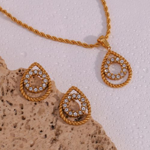 NTSMJ564 18K Gold Plated Stainless Steel Twisted Hoop Earrings and Hollow Teardrop Pendant Necklace Set for Women Elegant Jewelry