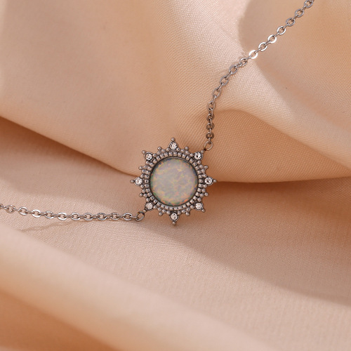 NTSMJ322 Stainless Steel Sun Opal Pendant Necklace Earrings and Bracelet Set for Women Elegant Jewelry