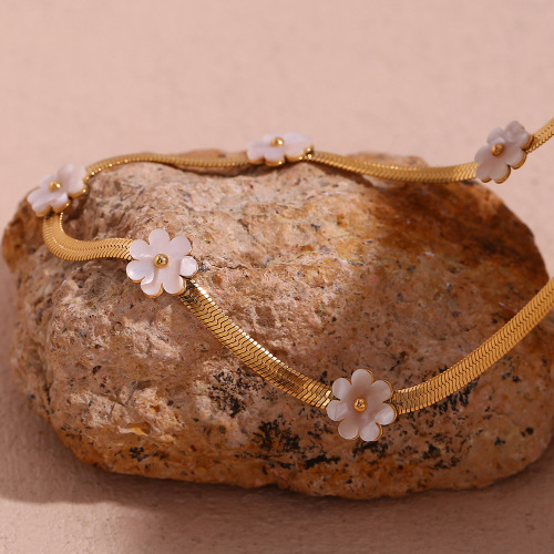 NTSMJ199 18K Gold Plated Stainless Steel Shell Flower Pendant Necklace with Blade Chain for Women Trendy Jewelry